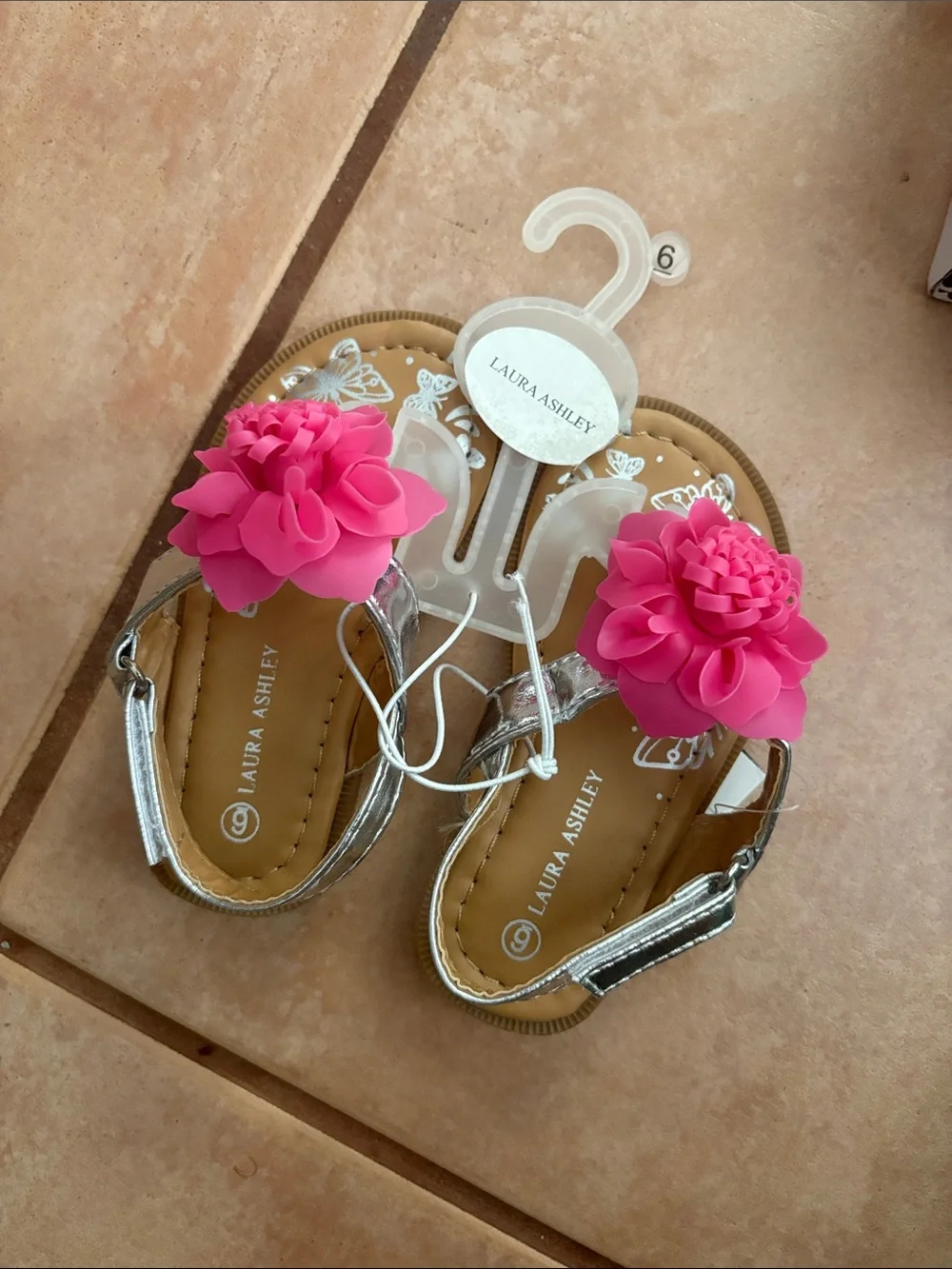 Laura Ashley Silver Toddler Sandals with Bright Pink Flower